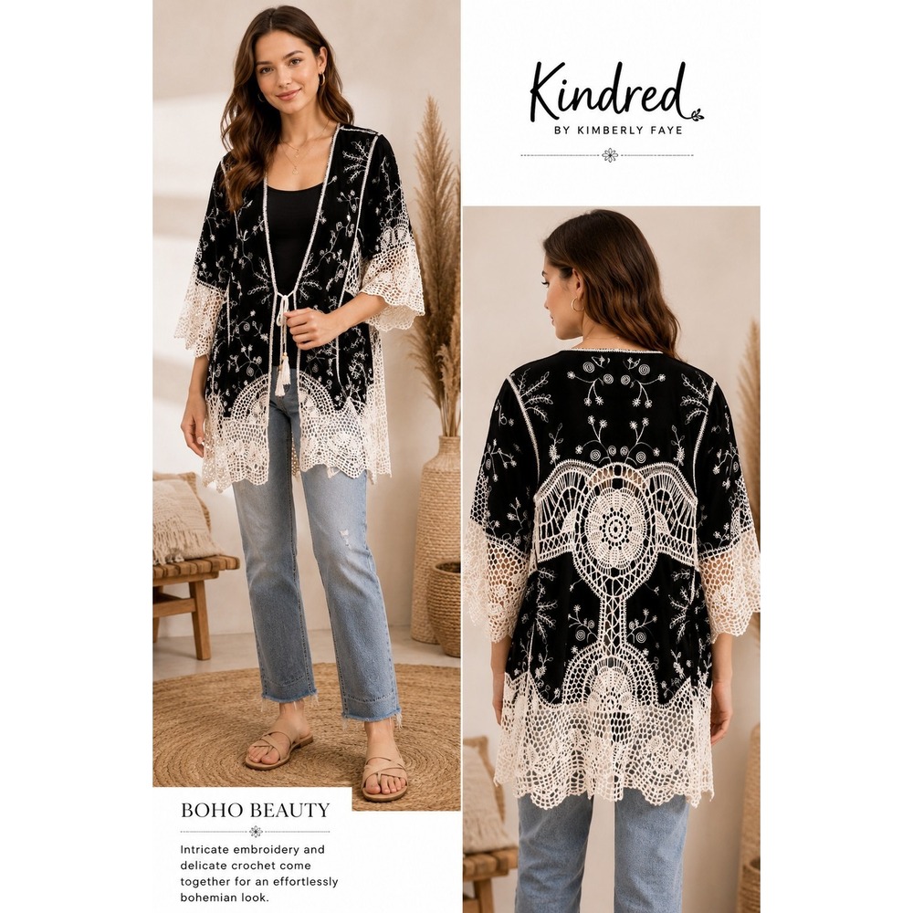 Kindred Black White Embroidered Crochet Lace Kimono Boho Tie Front Cover Size 2X